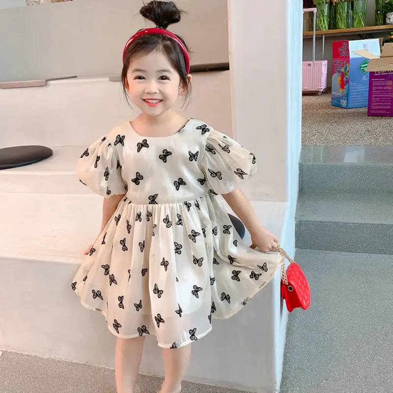 

Kids Dresses for Girls New Summer Korean Puff Sleeve Bow Print Dress Children Floral Princess Dress Baby Girls Clothes Vestidos