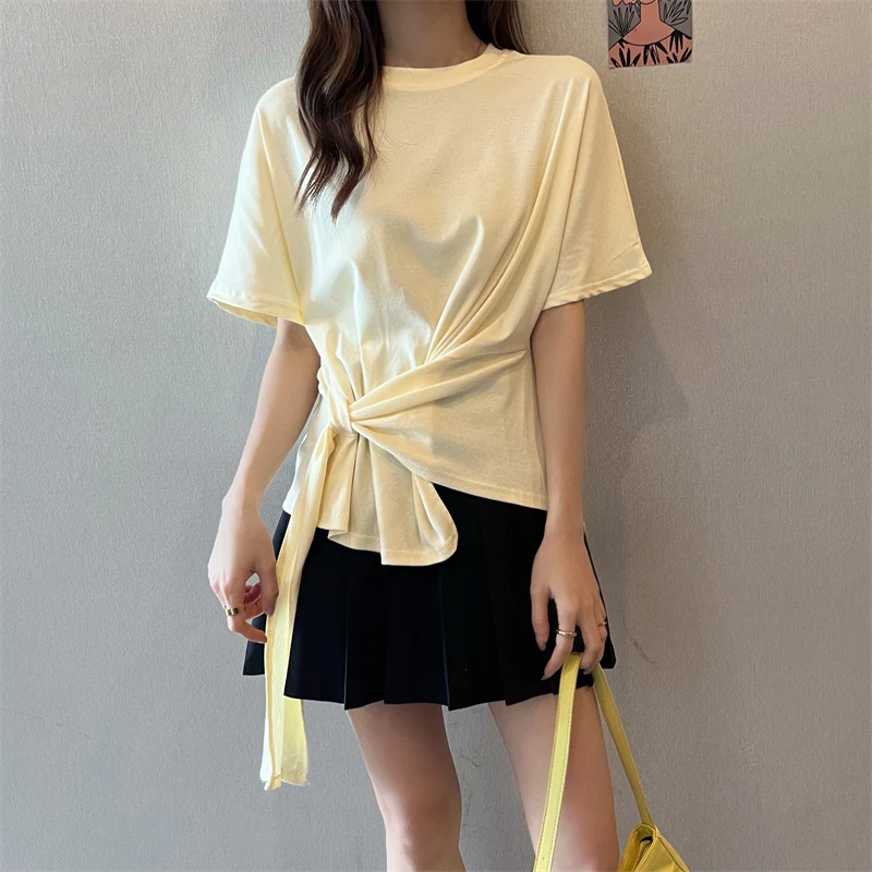 

2022 Summer New Irregular Round Neck T-shirt for Women Solid Color Bow Tie Fashion Casual Tops Office Daily