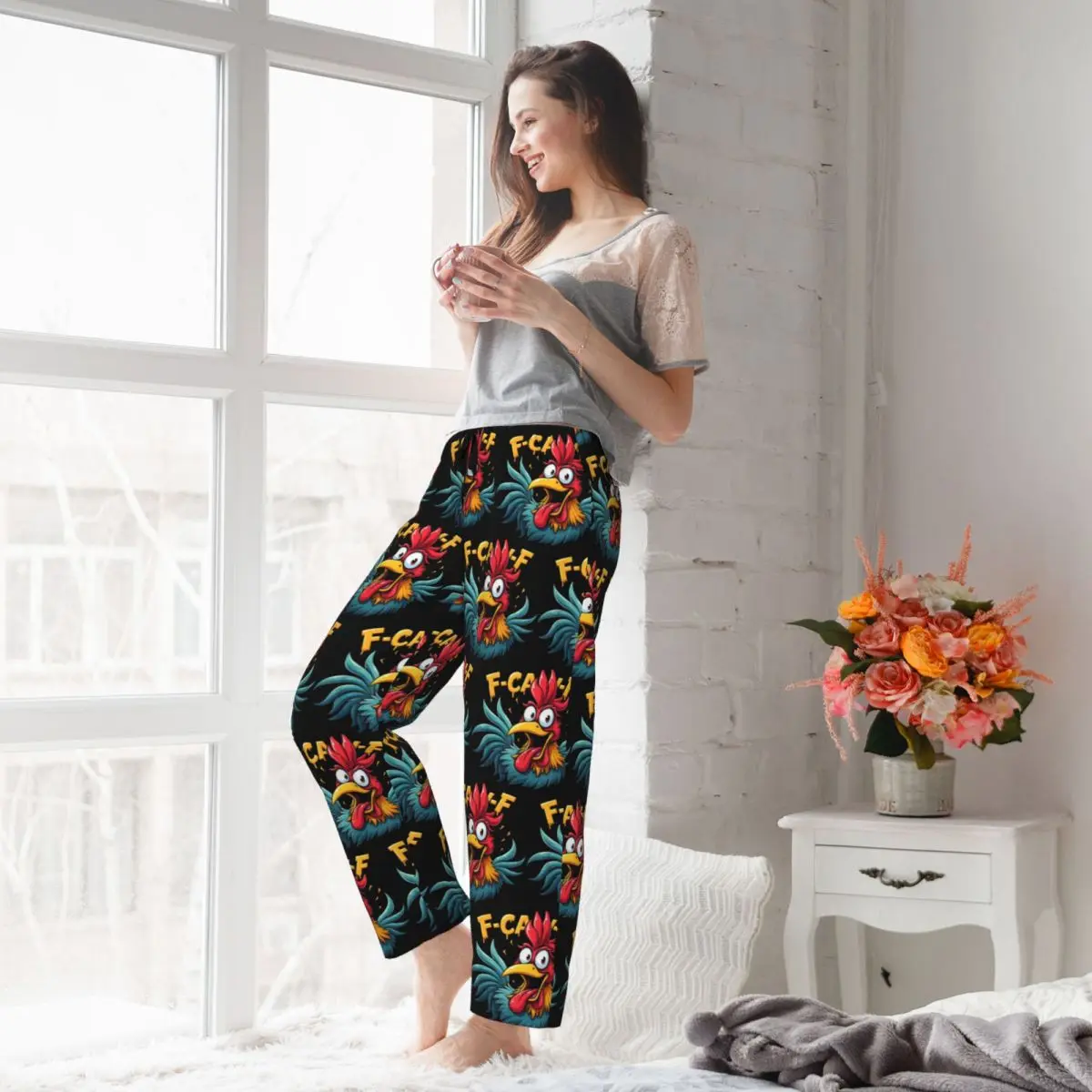 Женские пижамные штаны с забавным принтом F-Caw-F Chicken - штаны для отдыха FCAWF Chicken Lounge Pants с карманами, нижняя часть пижамы для общежития (art.: 3920d505da2f2) - 3920d505da2f2