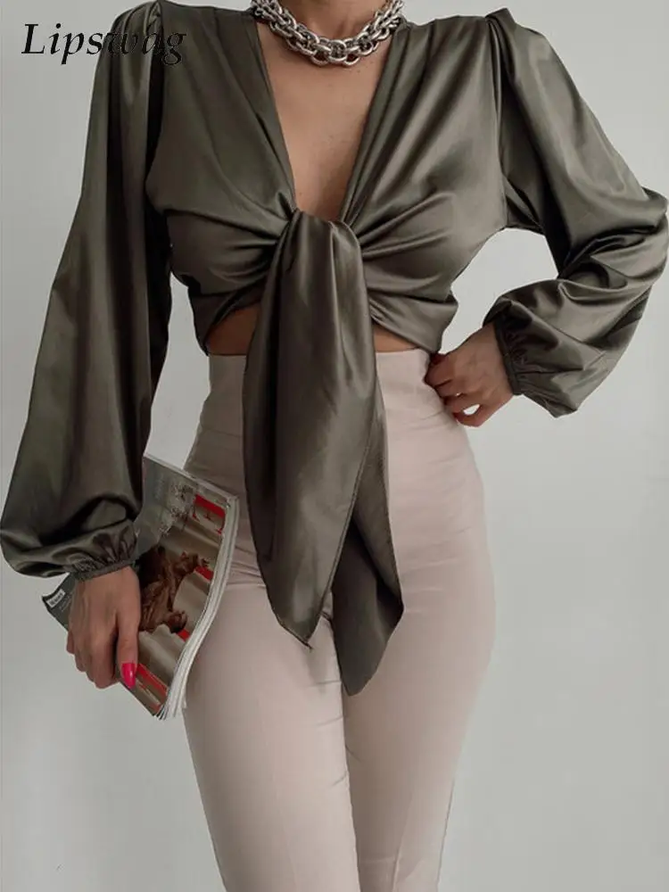 

Women Sexy Bandage V Neck Blouse Spring Summer Elegant Long Sleeve Beach Shirt 2022 Fashion Tie-up Bow Lady Top Blusa Streetwear