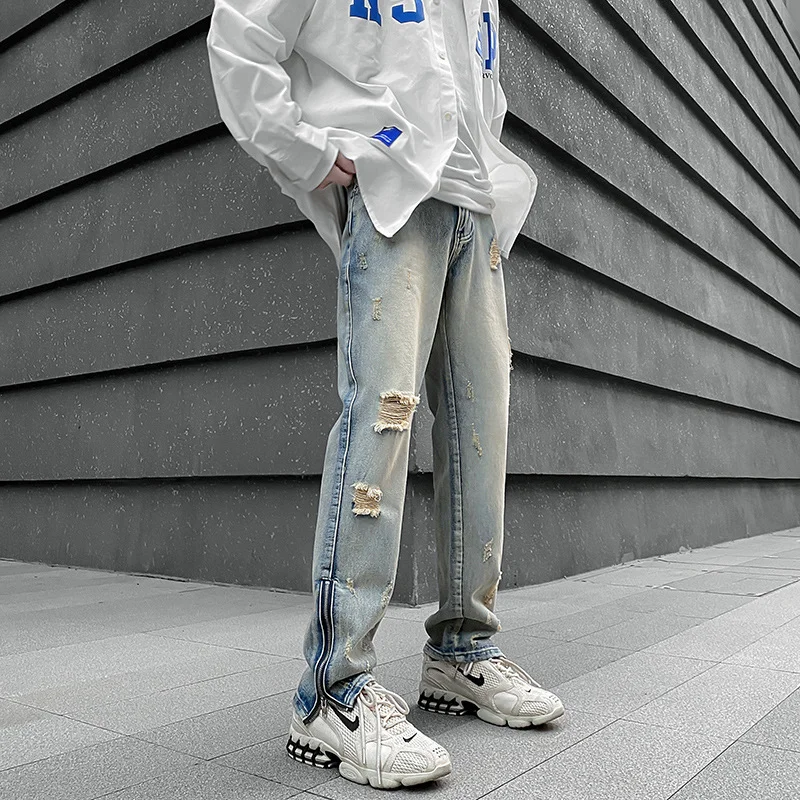 DEEPTOWN Vintage Ripped Jeans Men Streetwear Fashion Denim Hole Pants Zipper Hip Hop Straight Trousers Male Retro Loose Casual