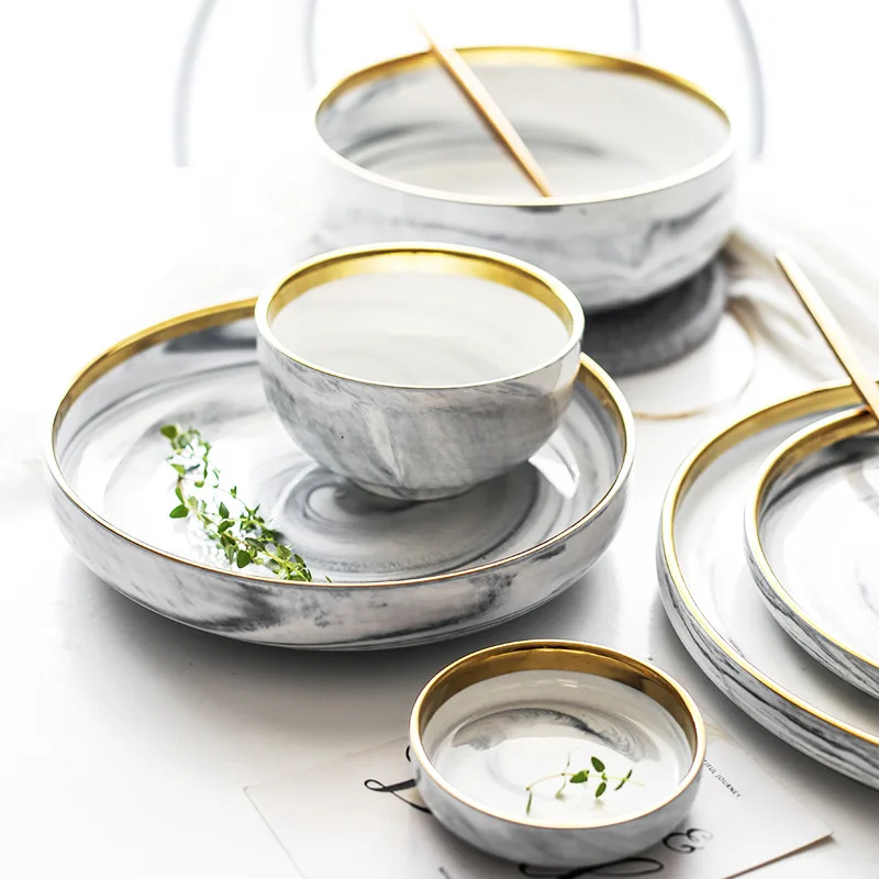 

Фарфоровый обеденный набор с золотыми мраморными чашками в западном стиле, домашняя глубокая чаша для риса, тарелка, суповая чаша