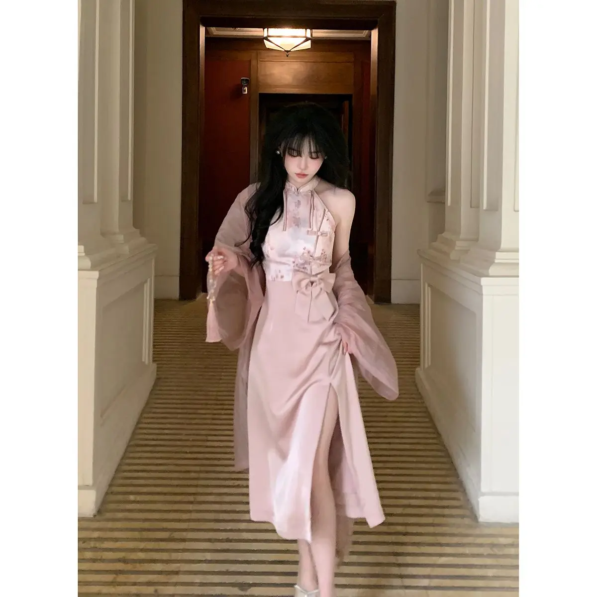 Женское розовое платье-Ципао из полиэстера