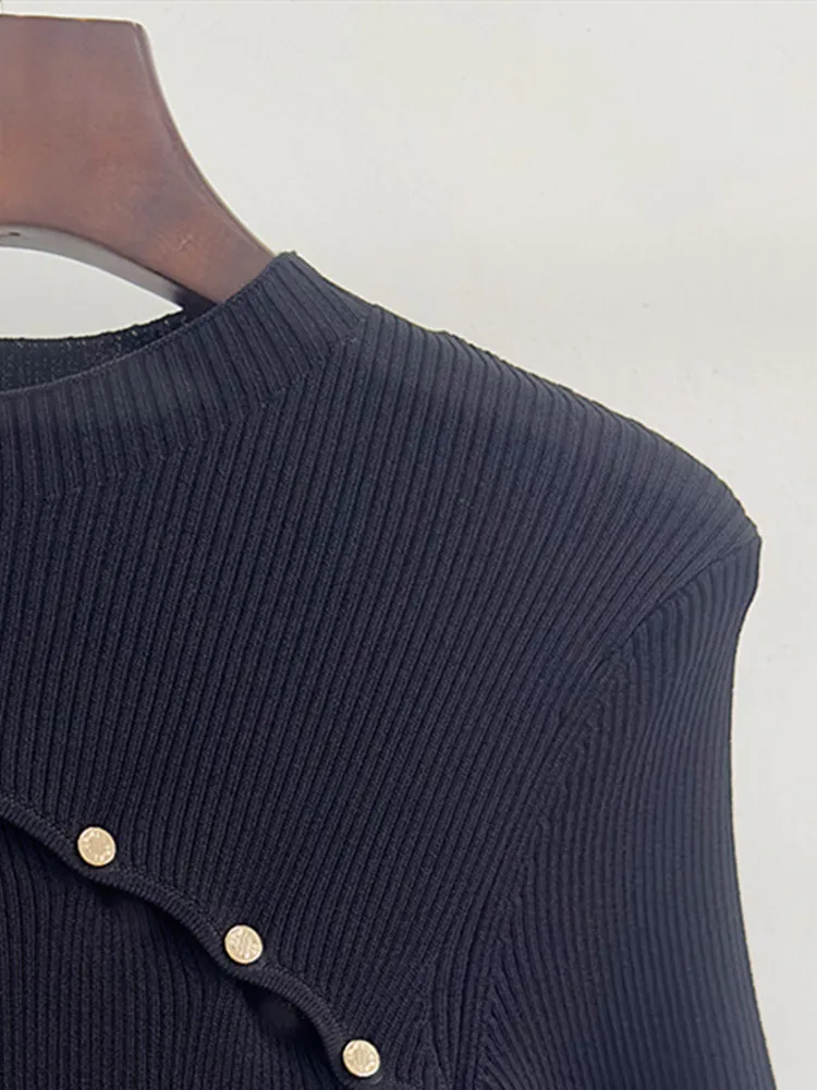 

Women's Slim Fit Knit Dress Black Thread Short Sleeve French Style Commuter Metal Buttons 2023 New Female Temperament Mini Robe