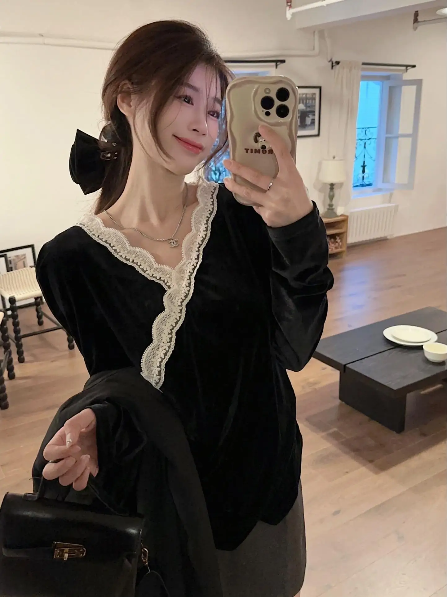 Gaganight женская черная кружевная бархатная рубашка в стиле ретро с v-образным