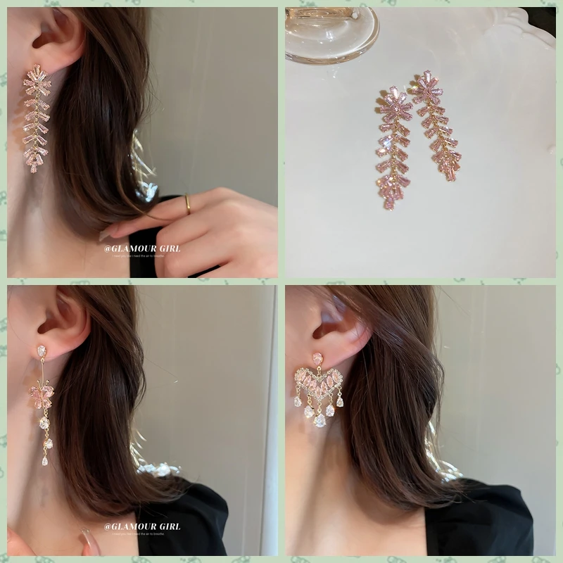 

Korean Fashion Pink Crystal Heart Butterfly Tassel Earrings for Women Girls 2023 Trendy Sweet Causal Party Earrings Jewelry Gift