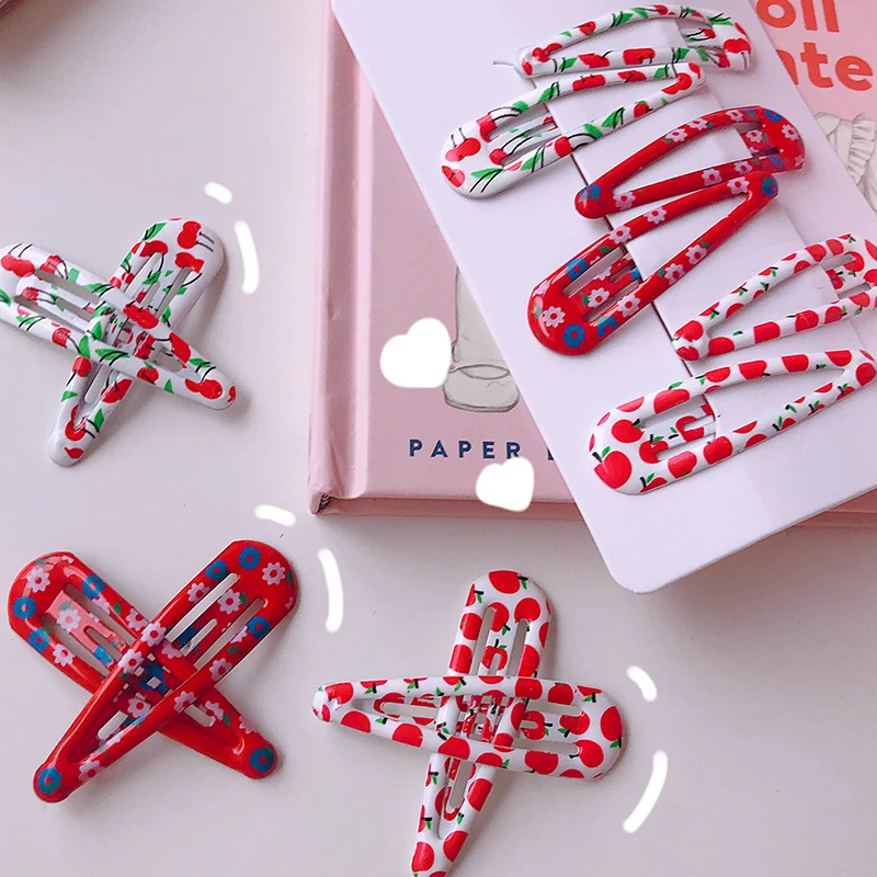 

6Pcs/Set Korean Cute Print Flower Cherry Snap Hair Clips Metal Hairpins Barrettes for children Girls Natural Hair Clip Ins