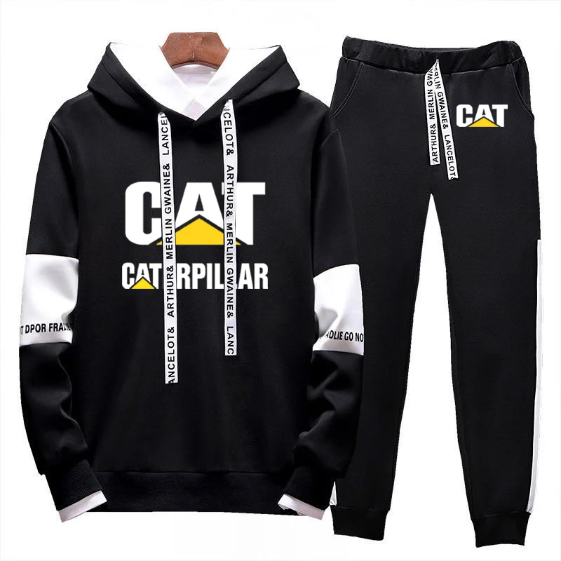 

Spring Autumn CAT Caterpillar Logo Print Cotton Hooded Hoodies Popular Sweatshirts+Jogging Sweatpants Frenulum Design Man Sets