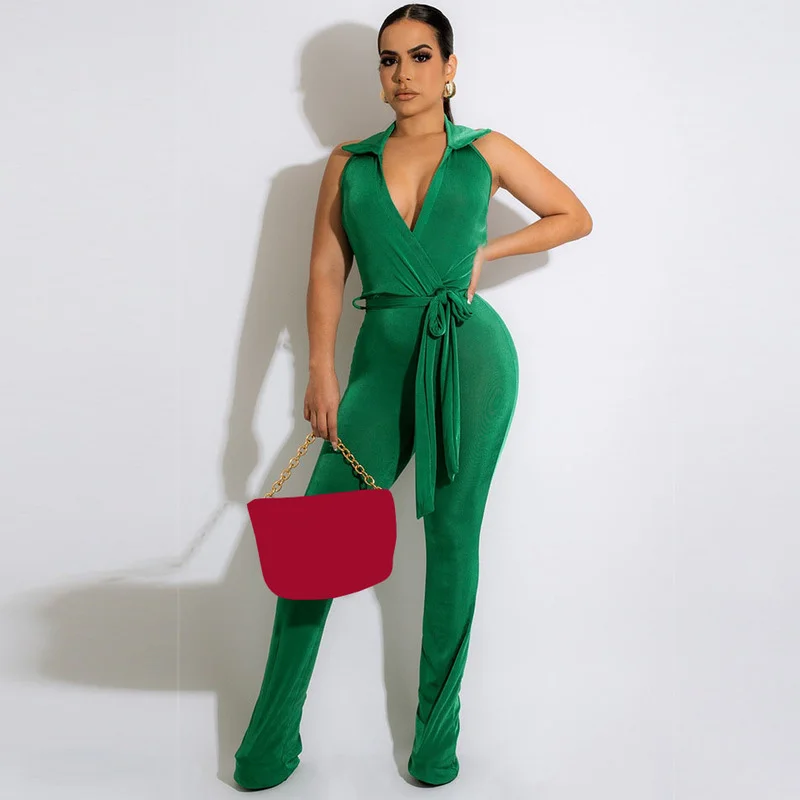 

Женский однотонный комбинезон FUDA, пикантный комбинезон с глубоким V-образным вырезом, воротником-рубашкой, лямкой на шее и открытой спиной, с поясом и широкими штанинами, Летний комбинезон