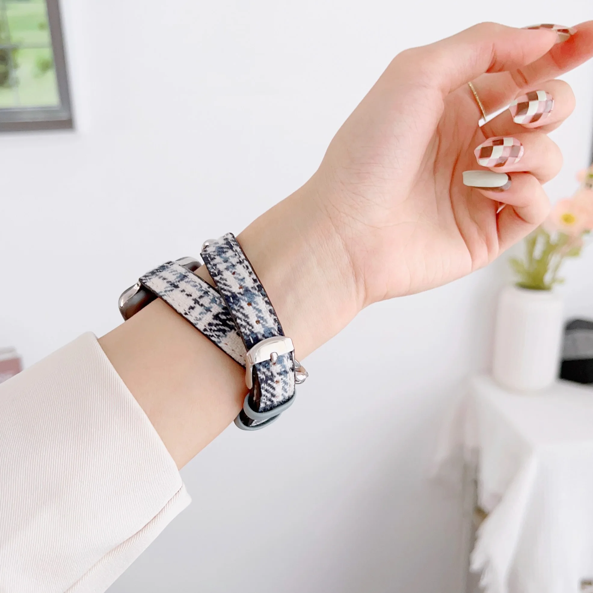 Genuine leather Strap for Apple Watch band bracelet chain double ring iwatch87654321SE Ultra38mm40mm41mm42mm44mm45mm49mm slim