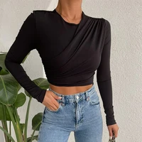 irregular ruched round neck long sleeve crop tops for women clothing solid sexy t shirts wholesale items c92 be16