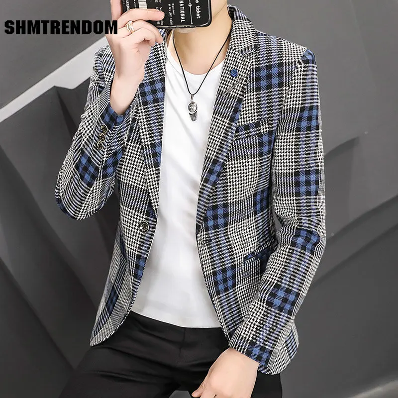 Brand Clothing Fashion New Casual Small Suit Men Slim Fit Jacket Korean Style Trendy Plaid Single Western Male Suit Coat Vintage