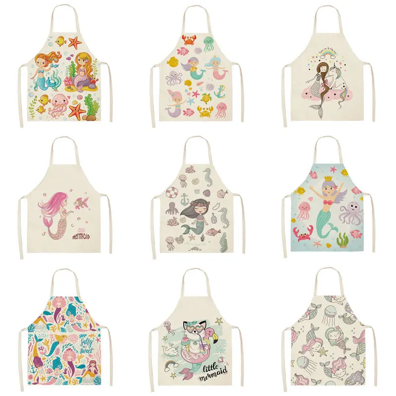 

kid apron Kawaii Girl Mermaid Printed Sleeveless Aprons Kitchen Women Cotton Linen Pinafore Home Cooking Baking Waist Bib