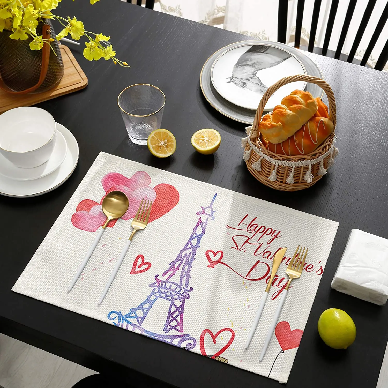 

Sailground Placemats Happy Valentine's Day Dreamy Paris Tower Bike Gouache Style Heat Resistant Place Mat for Dining Table