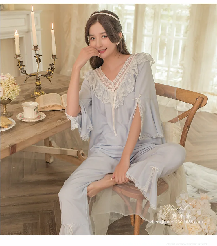 French Pajamas Women's Spring Autumn Palace Style V-neck Sweet Trumpet Sleeve Suit Lace Mesh Princess Home Dress Sleepwear