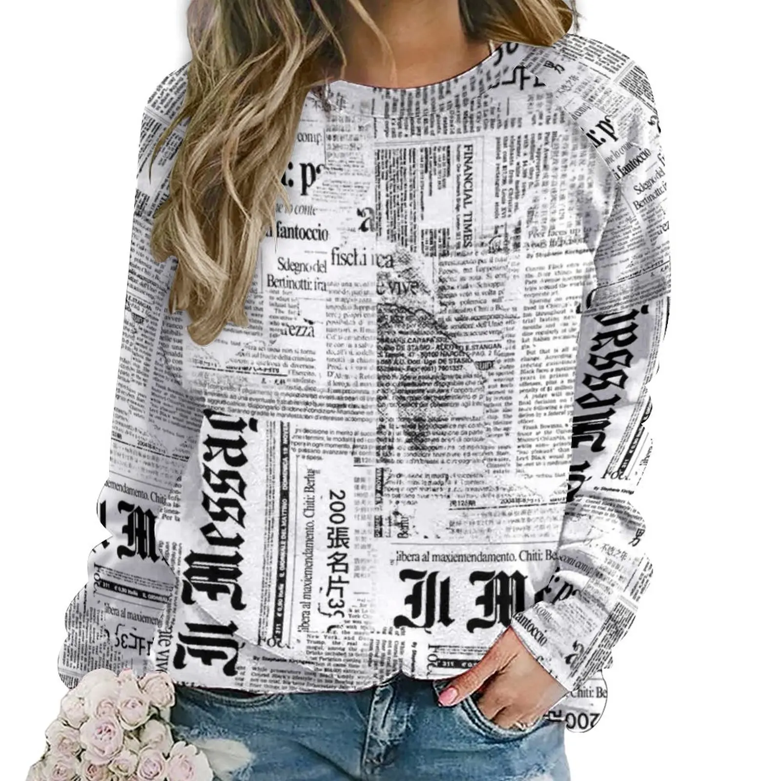 

Grunge Newspaper Hoodies Autumn Black And White Hip Hop Oversized Hoodie Female Long-Sleeve Modern Graphic Casual Sweatshirts