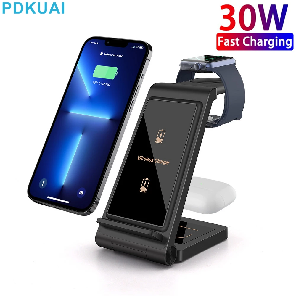 30W Wireless Charger Stand For Apple Watch 7 6 SE Airpods Pro 3 IN 1 Qi Fast Charging Dock Station For iPhone 13 12 11 XS XR X 8