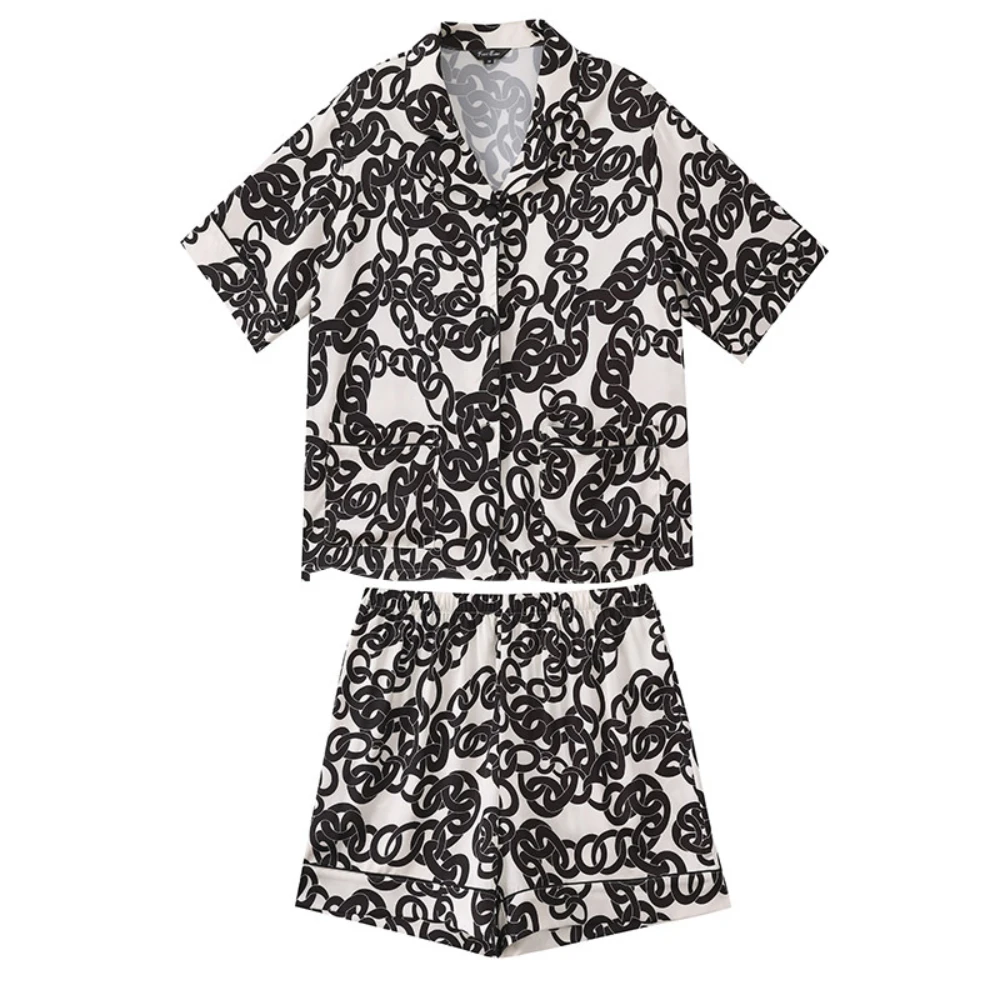 Maison Gabrielle 2022 Summer Geometric Chains Printed Pajamas Set Loungewear Sleepwear for Women 2 Pieces Short Sleeves Silk