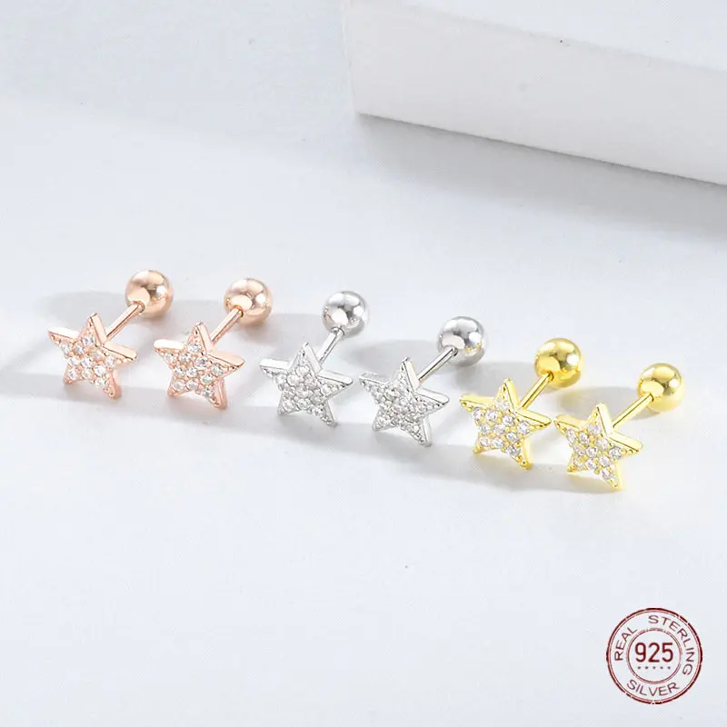 

925 Sterling Silver Star Shaped Stud Earrings Female Screw Buckle Temperament Simple Design Zircon Jewelry aretes de mujer