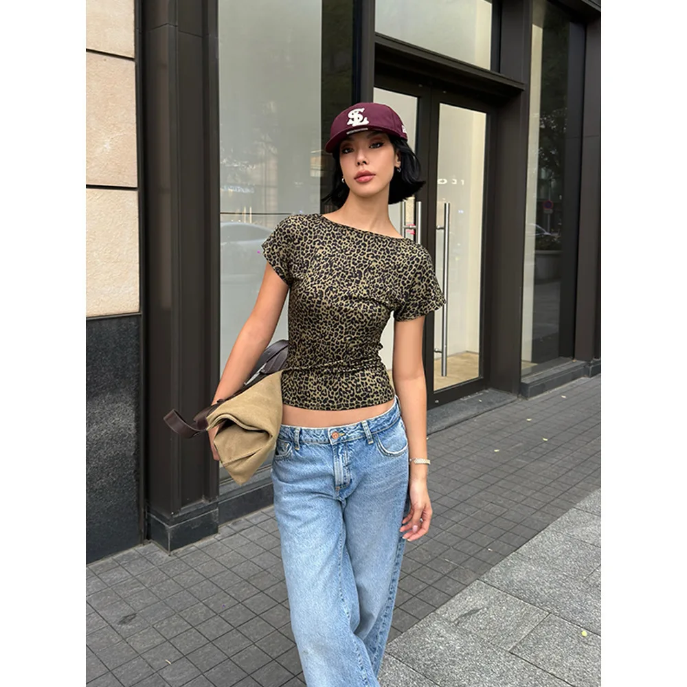 VanessaLab Модный стильный темно-зеленый топ с леопардовым принтом рукавами одним