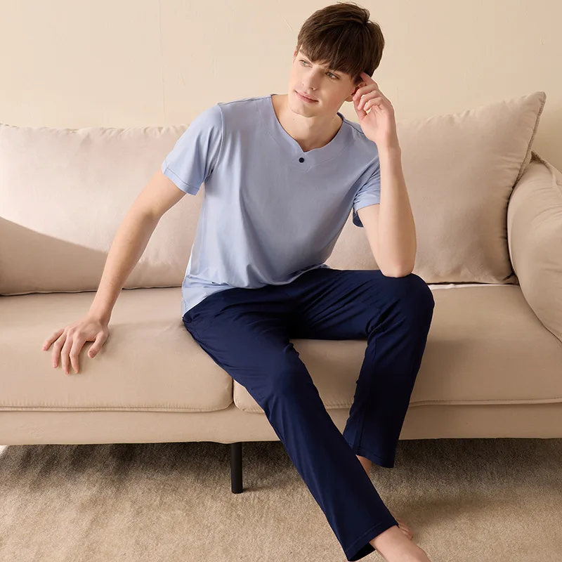 2022 New Summer 40S Cotton Pajamas Sets Men Homewear Boy High Quality Short Sleeve Night Sleep Pants