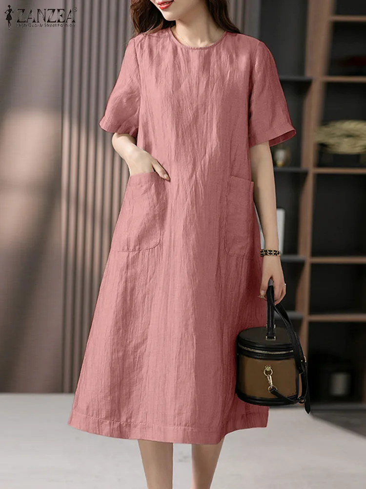 

Платье ZANZEA женское средней длины с круглым вырезом, модный однотонный Повседневный свободный сарафан в винтажном стиле, рабочая одежда, лето