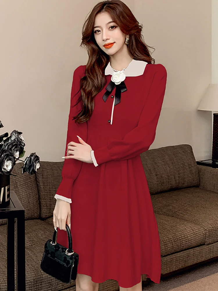 

Женский вязаный шерстяной свитер-поло с длинным рукавом и бантом