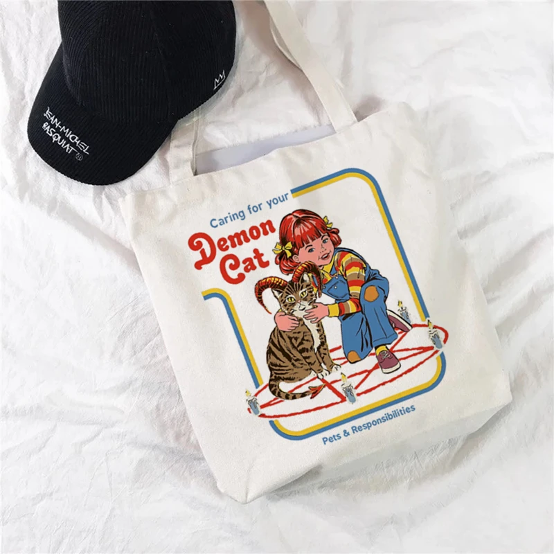 

Women Canvas Shopping Bag Female Canvas Bag Satan Devil Cat Eco Handbag Tote Reusable Grocery Shopper Bags Students Book Bag