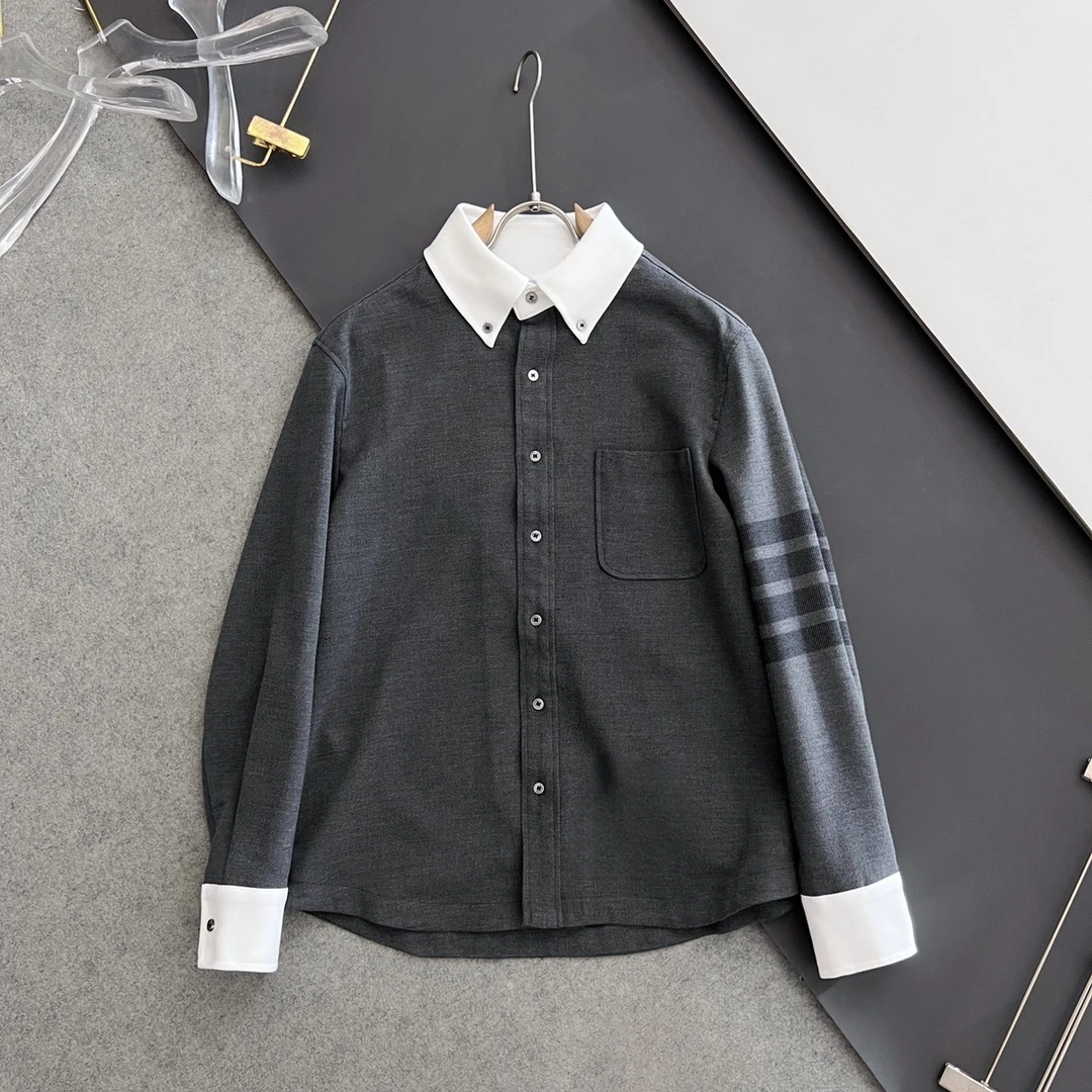 

TB THOM Shirts Men Fashion Brand Casual 4-Bar Striped Design Long Shirt Full Sleeve Cotton Spring Tops Turndown Collar Shirts
