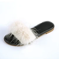 hairy slippers womens 2022 summer new low heeled sandals solid color feather slippers shoes comfortable beach shoes