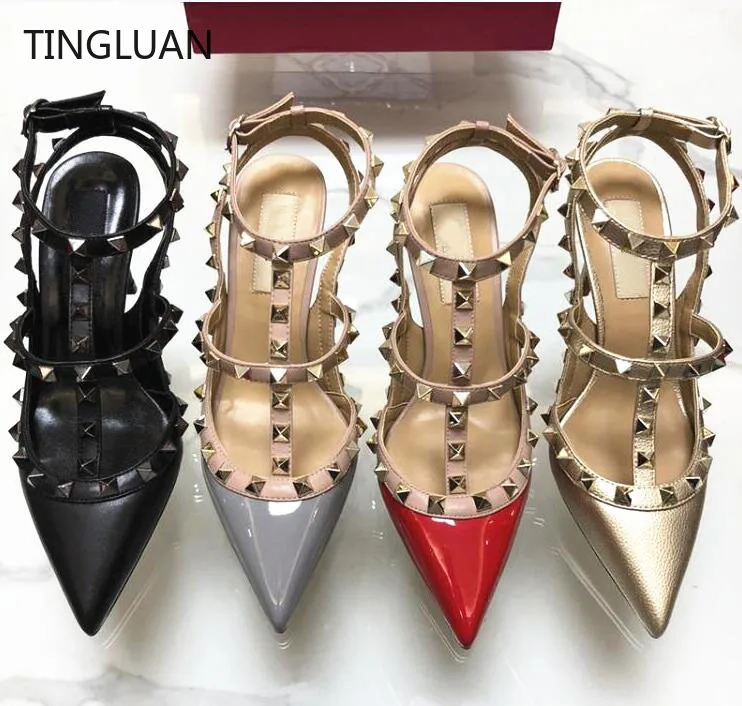 

Luxury Brand Women Rivets Sandals Sexy High Heel Shoes Pointed Toe Thin Heel Red Wedding Shoes Genuine Leather Summer Sandals 44
