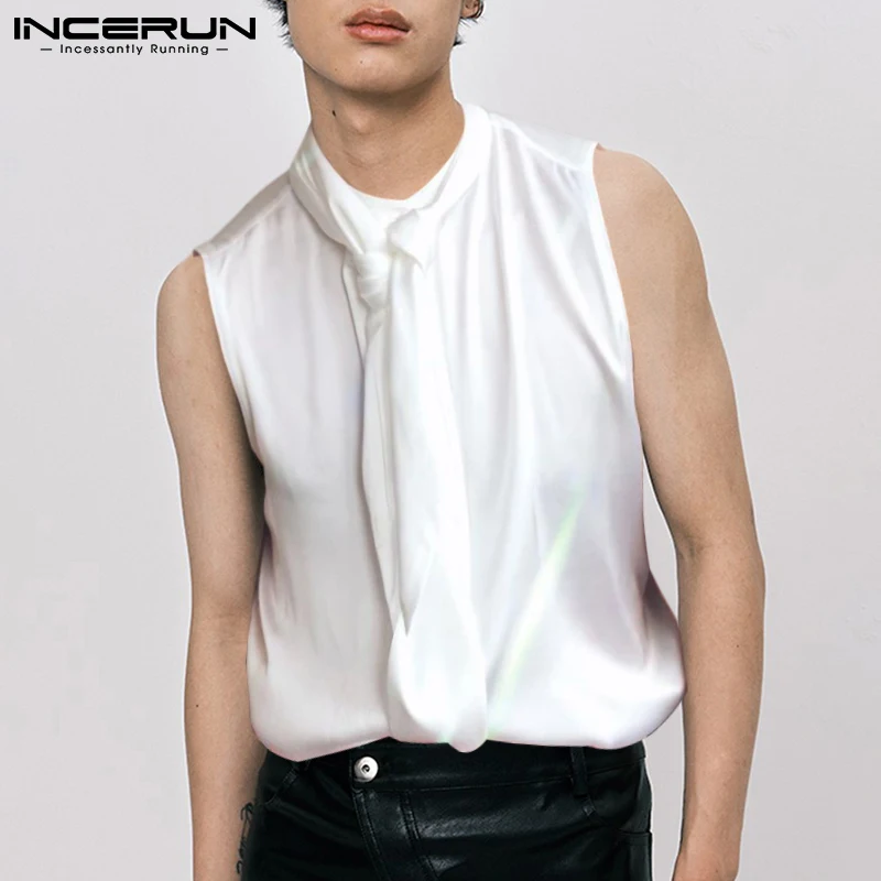 

Топы INCERUN, новинка 2023, мужские однотонные безрукавки с галстуком, мужской модный жилет, свободные удобные Майки