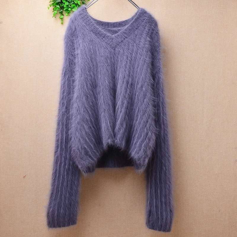 

female women autumn winter clothing hairy mink cashmere knitted striped v-neck loose pullover angora fur jumper sweater pull top