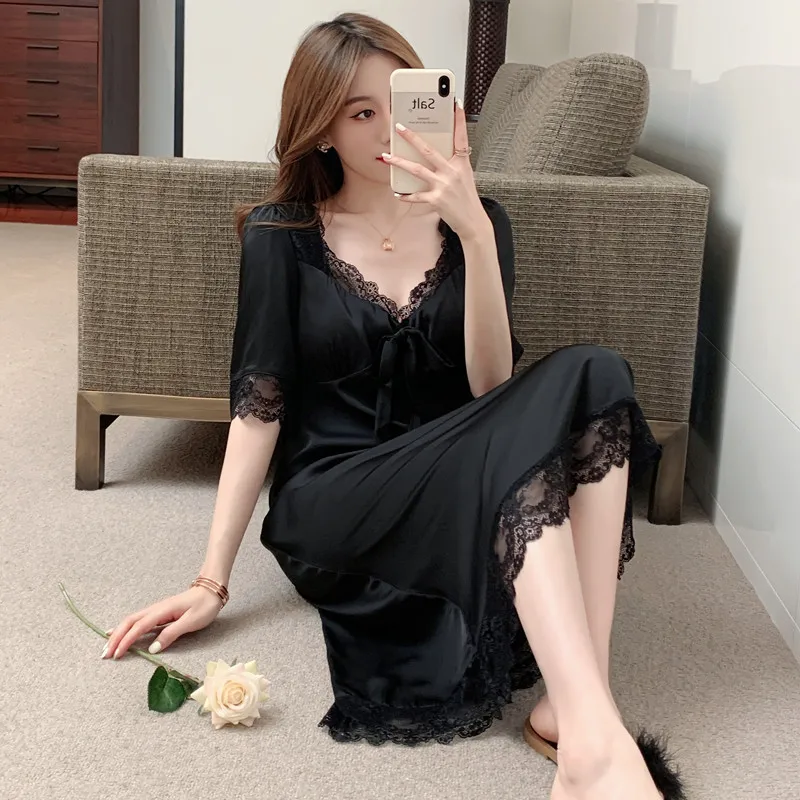 Sleep Top Ice Ribbon Chest Pad Long Knee-length Lace Princess Palace Thin Pajamas Worn Outside Home Clothes Woman Sleepwear Sets