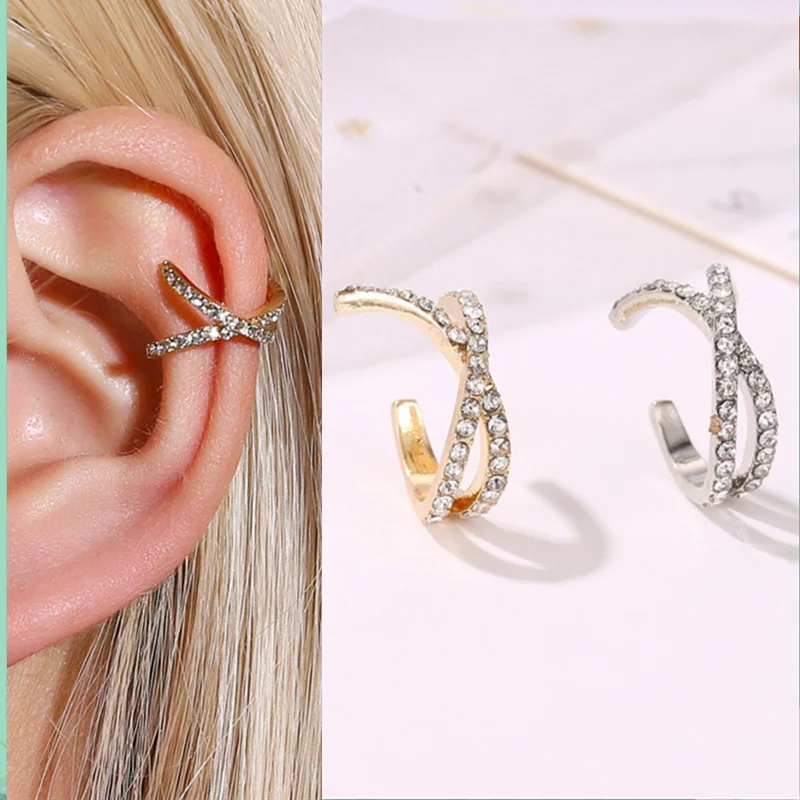 Korean Punk Metal Zircon Ear Cuff Clip on Earrings for Women Goth Fake Pierced C Shape Small Earcuff Ear Wrap Earrings Jewelry