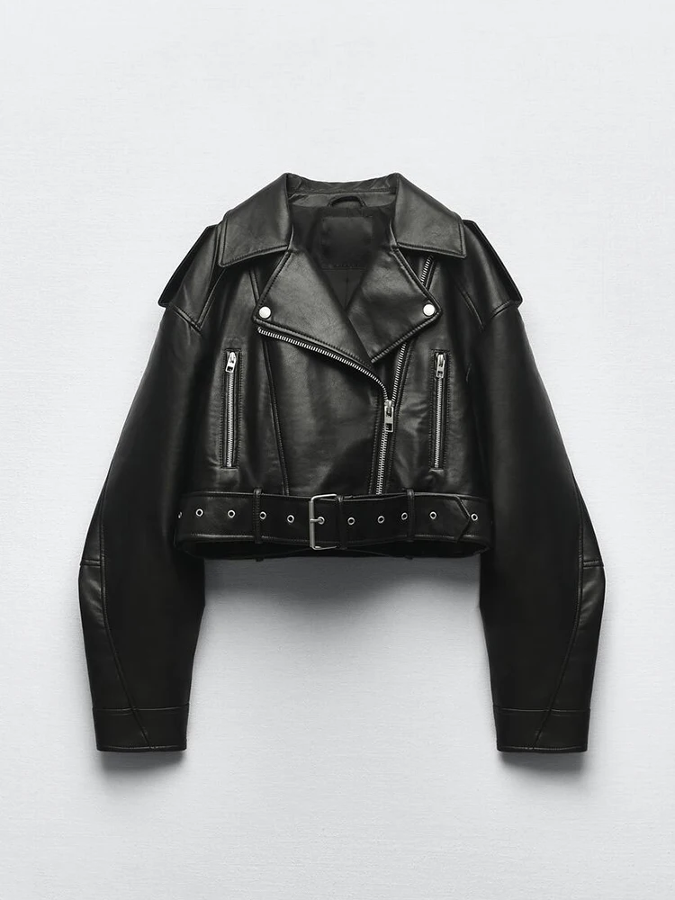 

Spring Autumn Women Faux Pu Leather Short Jacket with Belt Motorcycle Biker Female Zipper Lapel Loose Coat Outwear