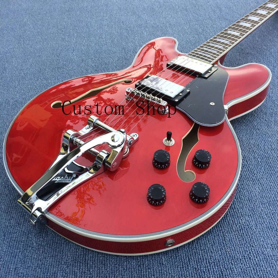 

Custom Мемфис красный 335 полуполый корпус Jazz электрическая гитара Bigs Tremolo Tailpiece, Grover Tuners, хромированная фурнитура, блочная инкрустация
