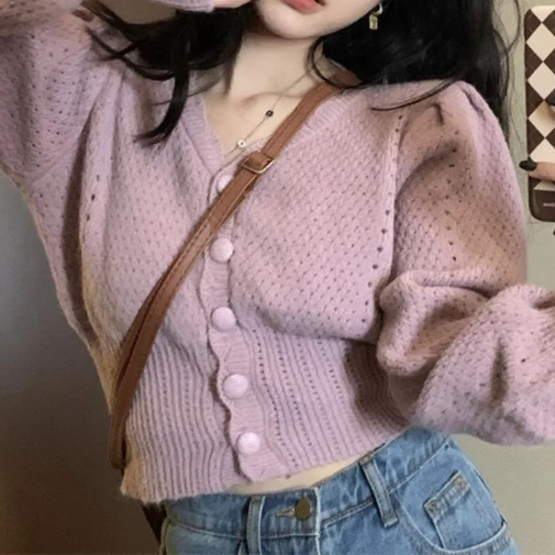 

Sexy Sweet Short Knitted Cardigan Women's 2023 Early Autumn V-neck Puff Sleeve Sweater Jacket Japan Girl Sweet Basics