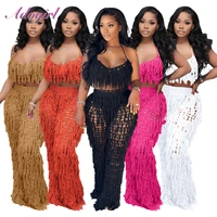 sexy tassel summer beach two piece set women rib kintted solid lace up halter backless crop tops pants suit outfit tracksuit