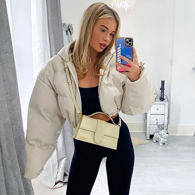 

Shiny Solid Puffer Coats Women Winter New Attractive Full Sleeve Ruched Stand Collar Zip-up Jackets Female Street Outwear