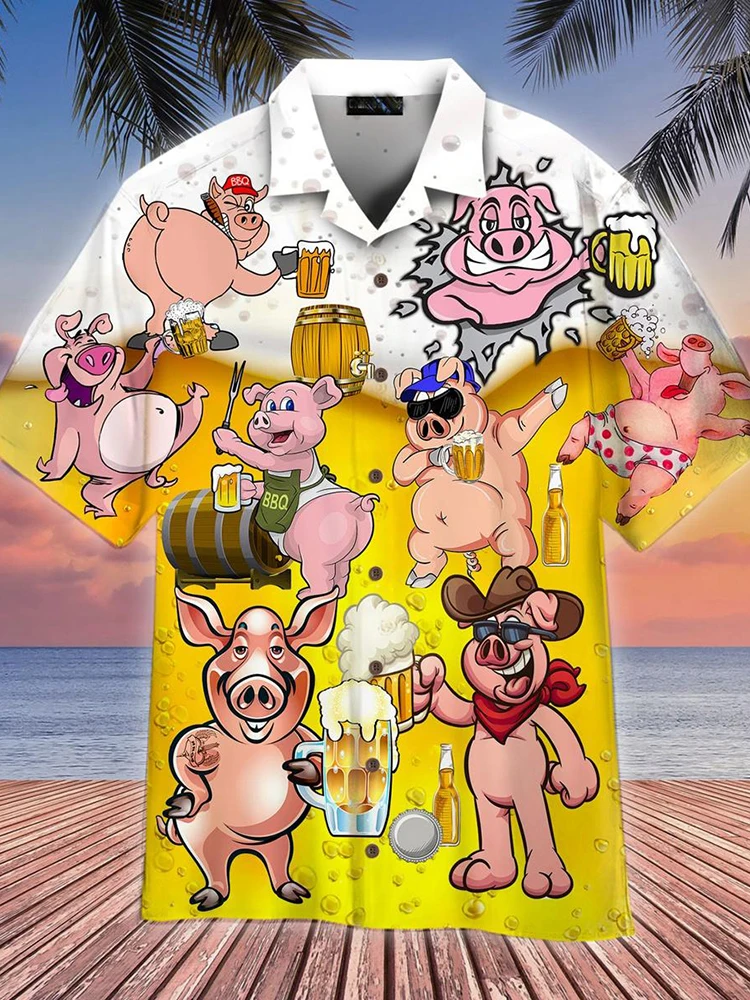 

New Hawaiian Shirts for Men Funny Pigs Print Beer Pigs Hawaii Summer Vacation Cool Tops Cuban Collar US Size for Men Party Wea