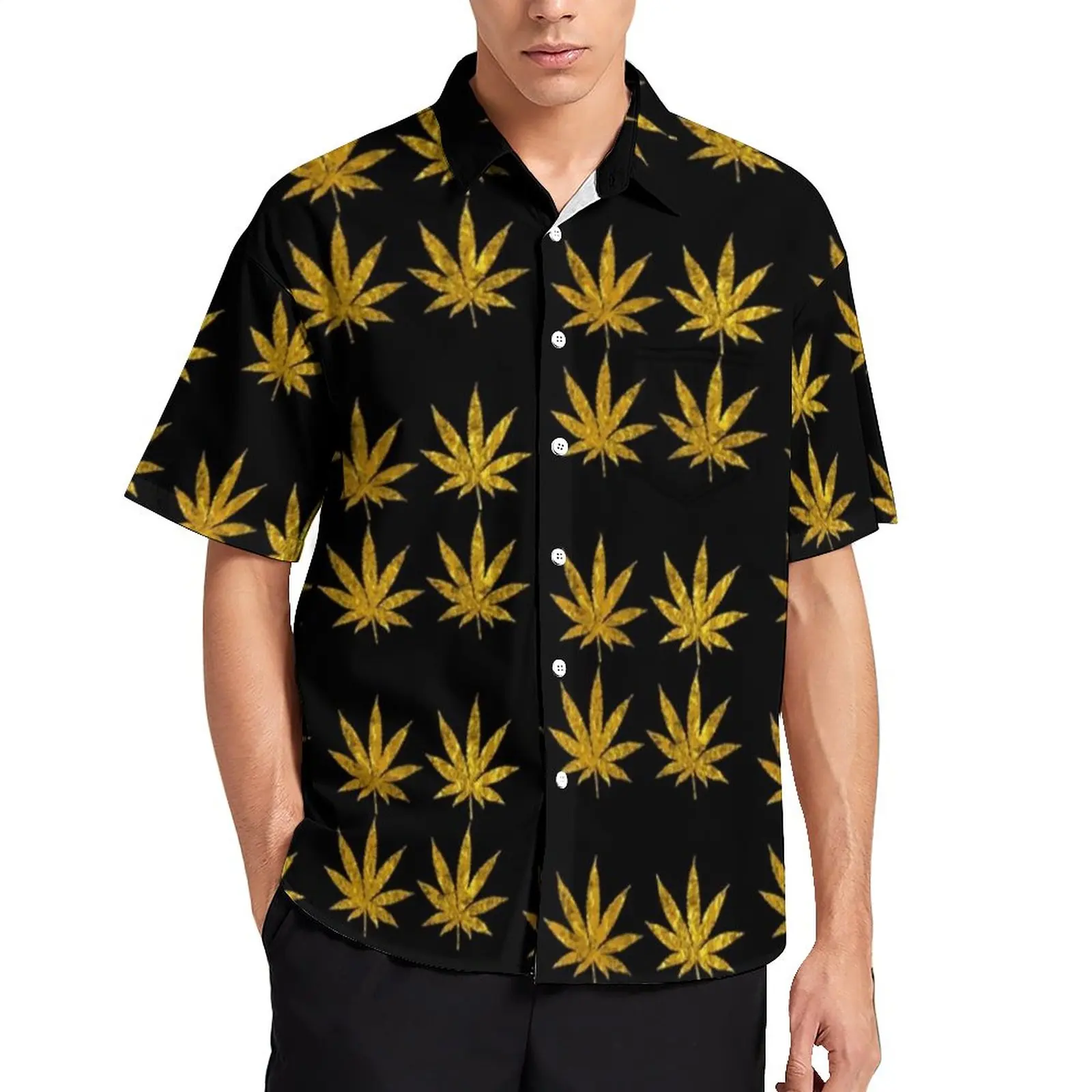 

Gold Weed Vacation Shirt Leaves Design Print Summer Casual Shirts Man Aesthetic Blouses Short-Sleeve Clothing Plus Size 4XL