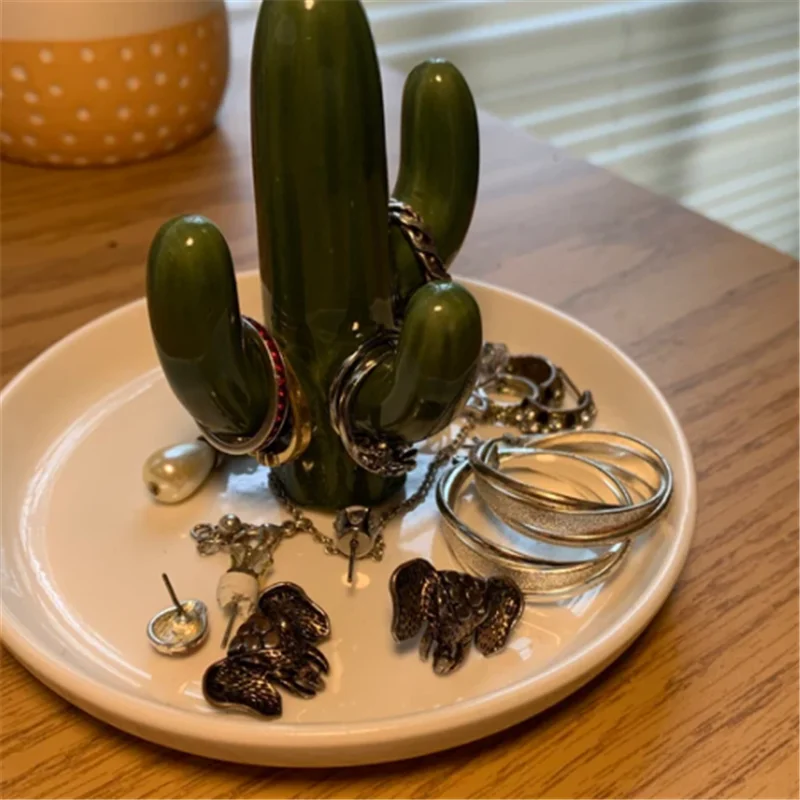 Cactus/Aloe Shape Ring Holder Dish Ceramic Succulent for Jewelry Organizer Display Home Decor Festival Gifts for Mom Wife Girls