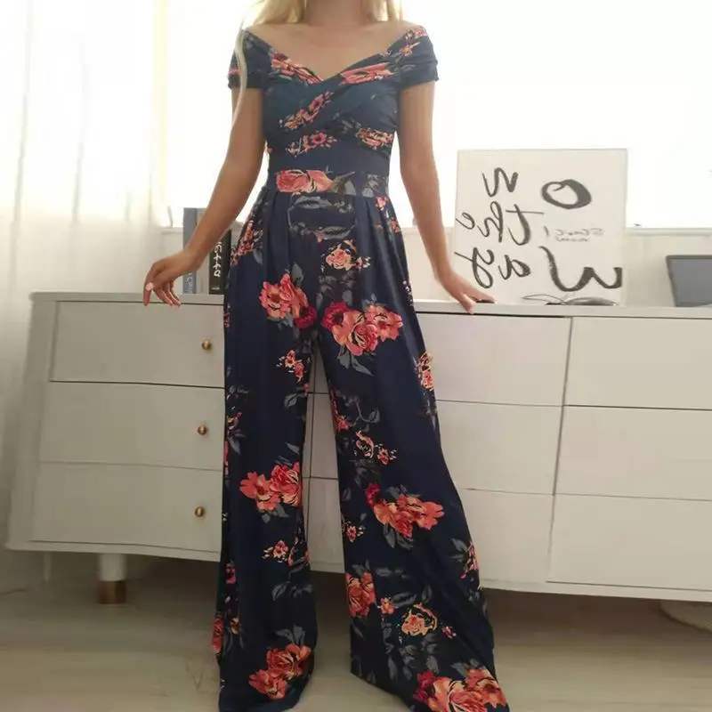 

Sexy Outfit Off Shoulder Print Wide Leg Jumpsuit Women 2023 Summer Casual Boho Casual High Waist Jumpsuits Clothes Overalls