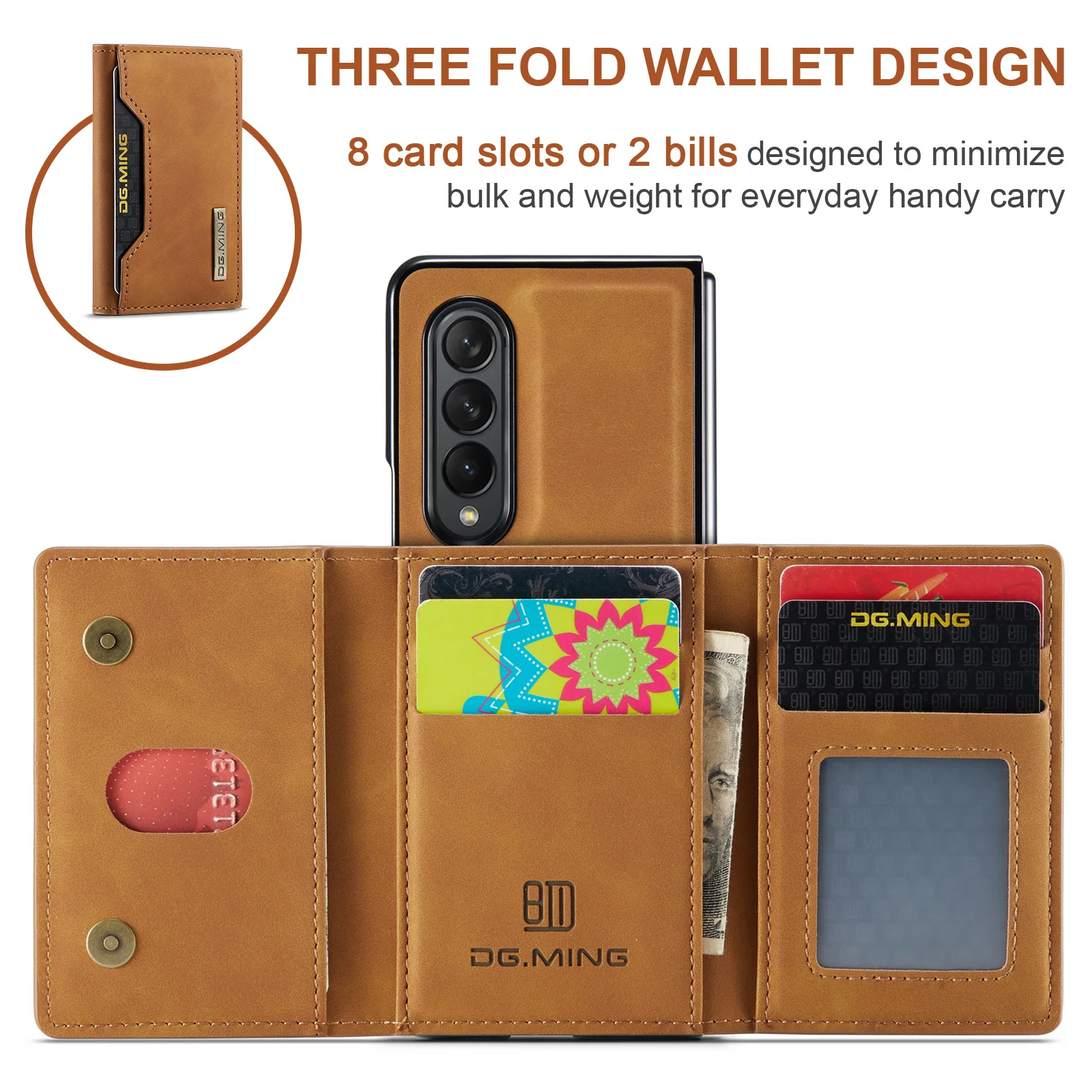 DG.MING 2in1 Magnetic Detachable Leather Wallet Case for Samsung Galaxy Z Fold 5 4 3 ZFold5 Fold4 Retro Card Holder Zipper Cover