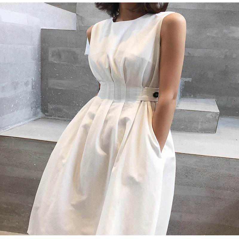 

Summer Women Solid White Black Fashion Elegant Casual Party Dress O neck Sleeveless Tank Sundress Female Vestido