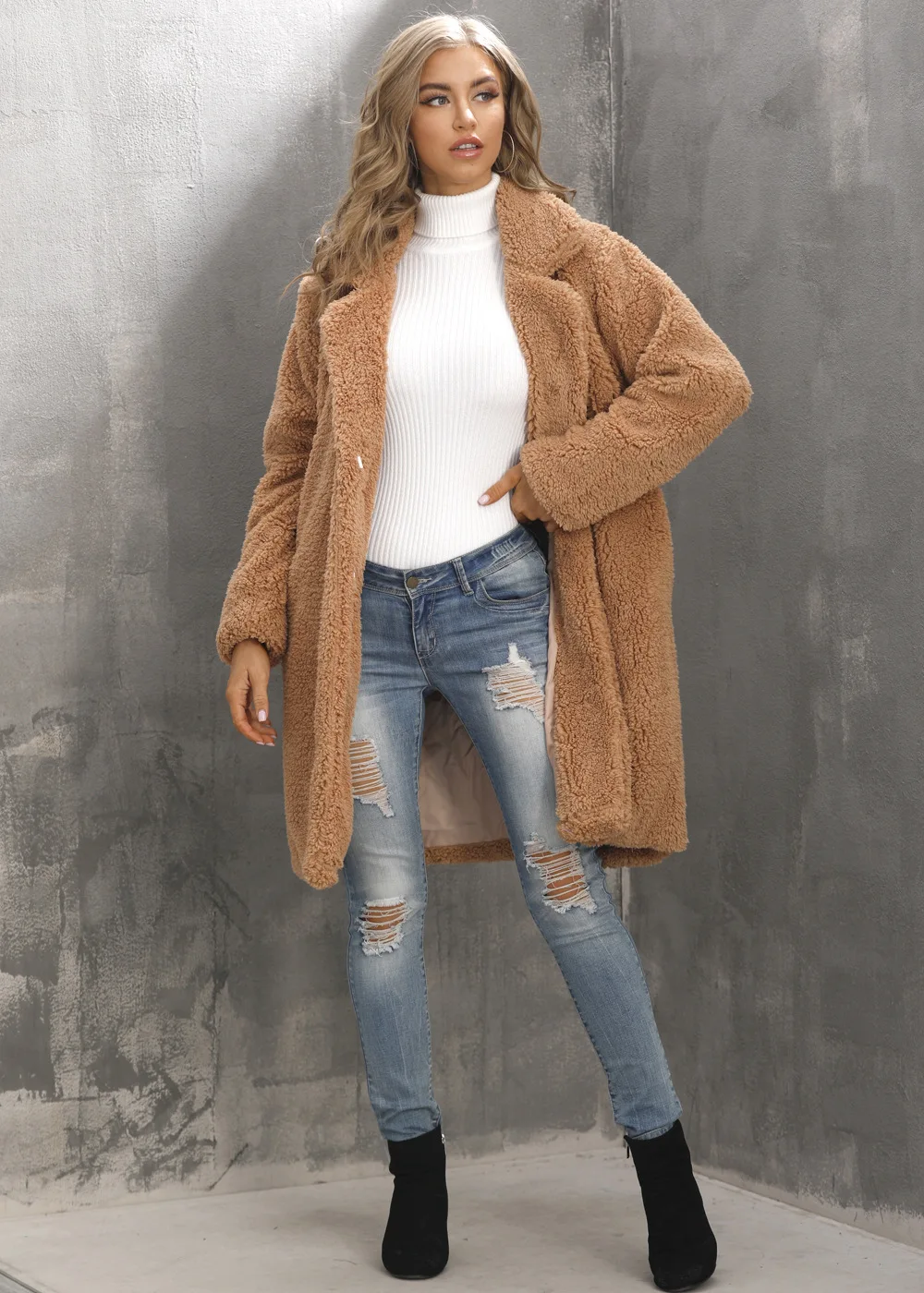 Autumn and Winter 2022 Women's suit collar imitation fur coat top Women's medium long plush coat coat Women