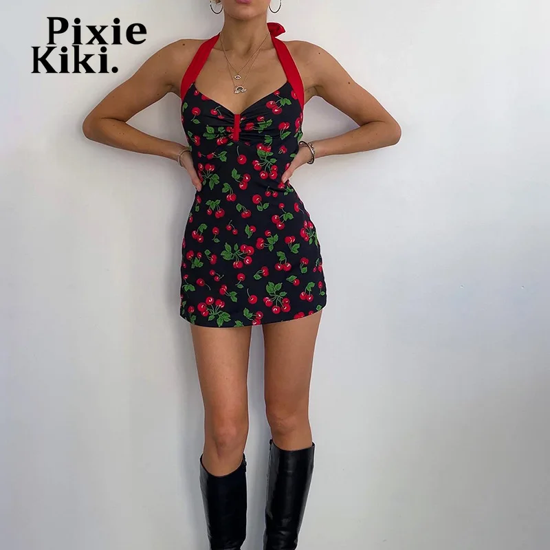 

PixieKiki с принтом вишни, Милое сексуальное облегающее платье Y2k, Клубная одежда для женщин 2022, летние наряды с открытой спиной и лямкой на шее, м...