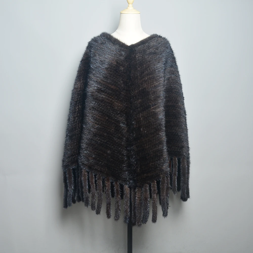 Женское меховое пончо зимние черные/коричневые вязаные шарфы из натурального