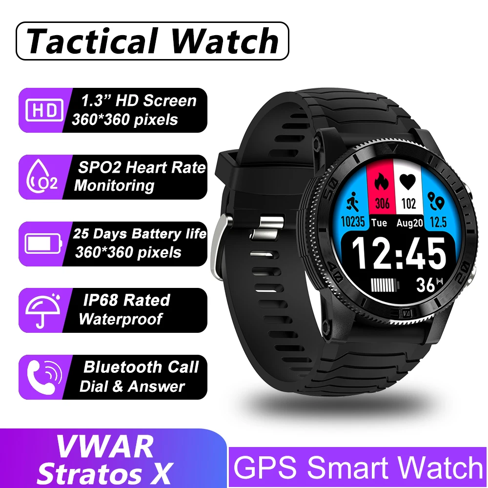 

Смарт-часы VWAR Stratos X с GPS, пульсометром, оксиметром, водостойкие 5 АТМ, спортивные тактические Смарт-часы с длительным сроком службы батареи для мужчин 2022